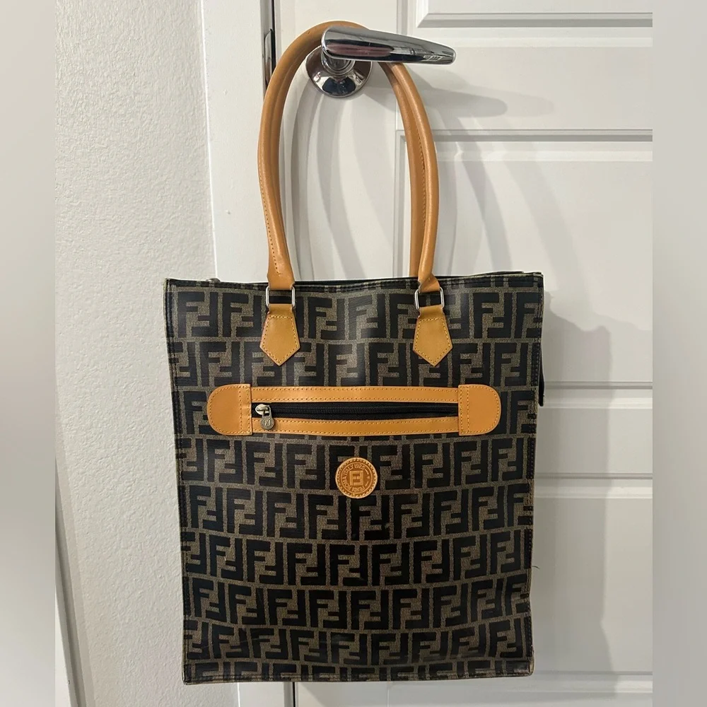 Fendi Black & Tan FF Logo Leather-Trim Tote